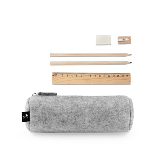 Trousse multi-usages en feutre recyclé (100% rPET) avec règle, crayons, gomme et taille-crayon