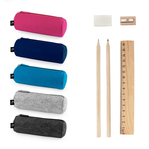 Trousse multi-usages en feutre recyclé (100% rPET) avec règle, crayons, gomme et taille-crayon