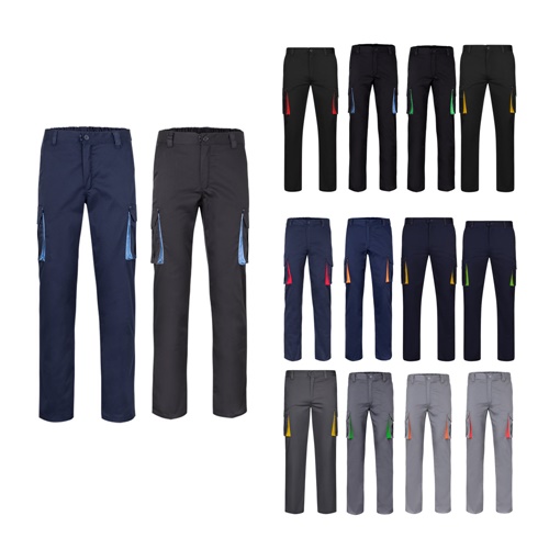 VL FIDES. Pantalon stretch bicolore, multipoches (240g/m²), en coton (46%), EME (38%) et polyester (16%)