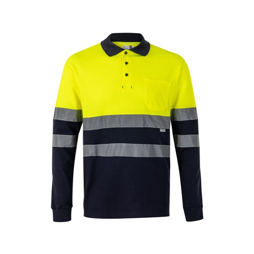 VL PLUTO LARGE. Polo piqué bicolore (150g/m²) à manches longues, en coton (55%) et polyester (45%)