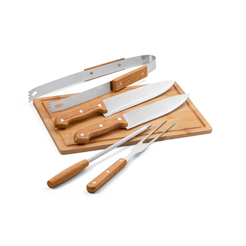 Ensemble de 5 pièces pour barbecue en bois et acier inoxydable et une planche de bambou