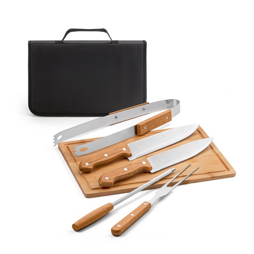 Ensemble de 5 pièces pour barbecue en bois et acier inoxydable et une planche de bambou