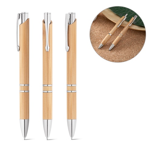 BETA BAMBOO. Stylo à bille en bambou avec clip et attributs métalliques