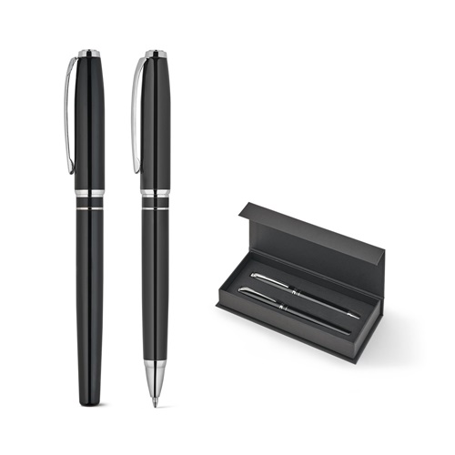 Coffret haut de gamme comprenant 1 stylo à bille et 1 stylo roller en cuivre et acier inoxydable, à encre bleue
