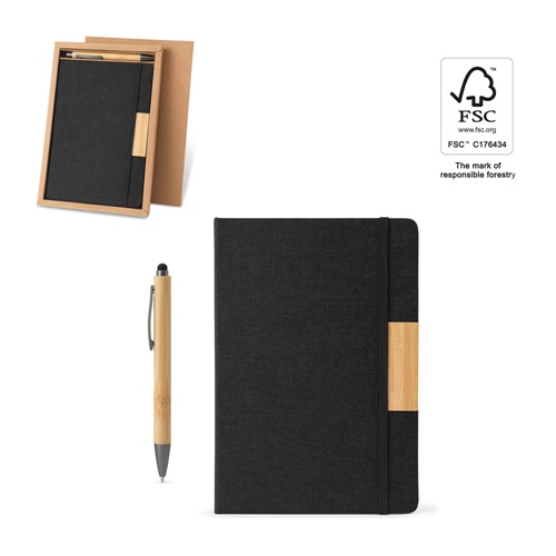 Set composé d'un bloc-notes A5 à couverture rigide et d'un stylo à bille en bambou