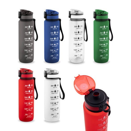 Bouteille en PET recyclé (100 % rPET), avec des phrases motivantes et des repères horaires pour vous encourager à boire de l’eau