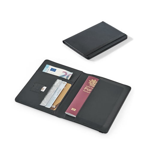 Porte-passeport en polyuréthane avec fermeture élastique et multiples poches