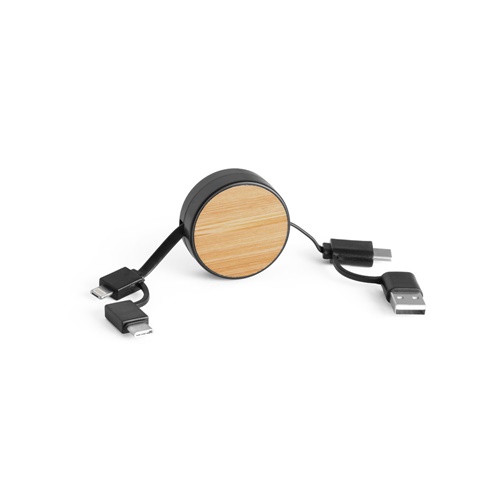 Câble USB rétractable 6 en 1 en ABS recyclé (100 % rABS) et bambou