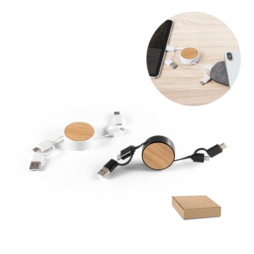 Câble USB rétractable 6 en 1 en ABS recyclé (100 % rABS) et bambou