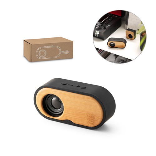 Haut-parleur portable 3W avec 5h d'autonomie fabriqué en bambou et en ABS recyclé (100 % rABS)