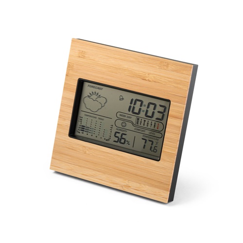 Station météo de bureau avec écran LCD en ABS et bambou