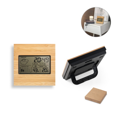 Station météo de bureau avec écran LCD en ABS et bambou