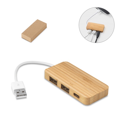 HUB avec 2 ports USB-A et 1 USB-C en bambou