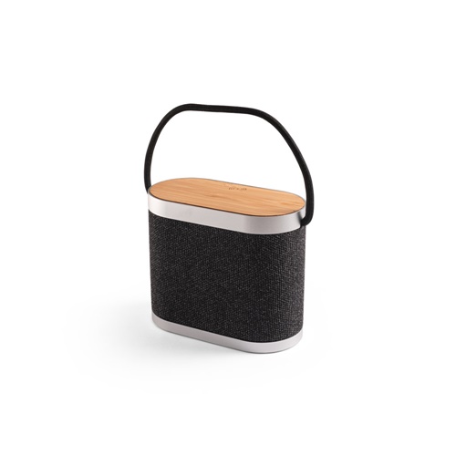 Enceinte portable de 5 W avec chargeur sans fil ultra-rapide de 15 W et autonomie de 2 h en bambou et PET recyclé (100 % rPET)